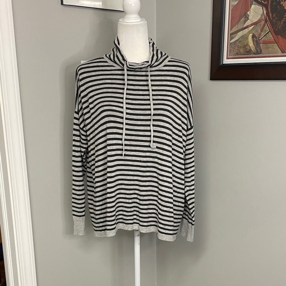 Eileen Fisher Tops - Eileen Fisher Black Gray White Striped Cowl neck drawstring pullover popover